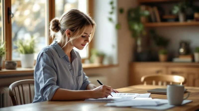 Frau liest Foerderungsunterlagen am Tisch in einer hellen bayerischen Wohnung
