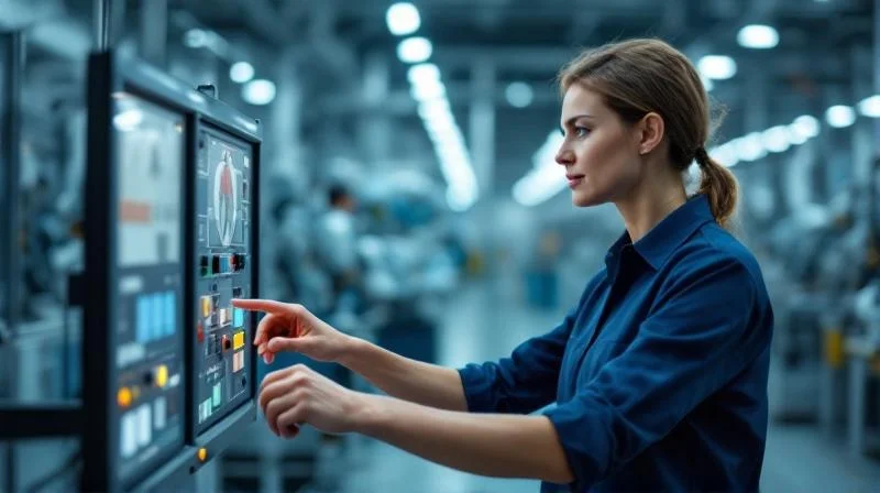 Ausbilder erklärt Auszubildender Roboterprogrammierung in einem Augsburger Industriebetrieb