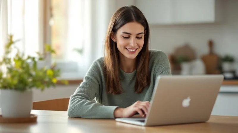Frau recherchiert am Laptop in einer hellen Augsburger Wohnung