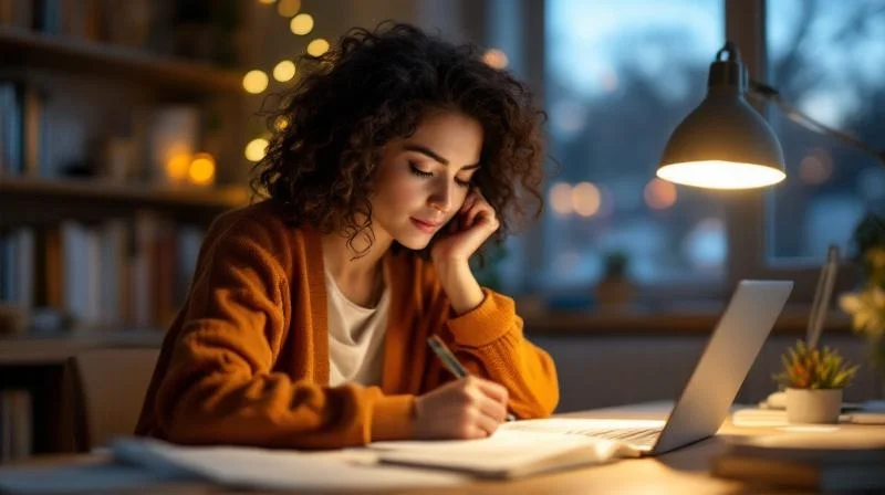 Frau lernt abends am Laptop in einer ruhigen Augsburger Wohnung