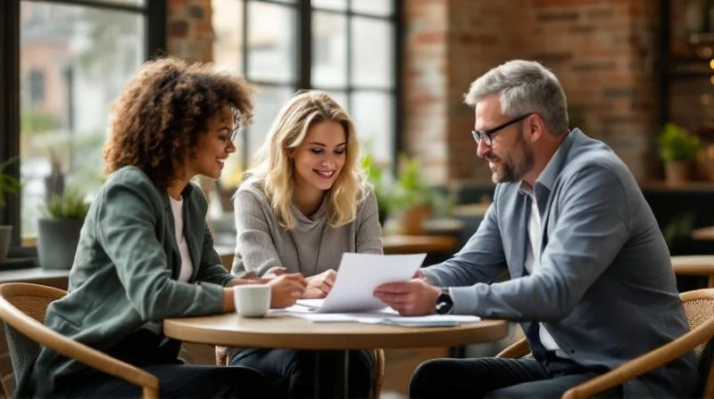 Gruppe von Berufstaetigen in Augsburg bespricht Weiterbildungsmoeglichkeiten