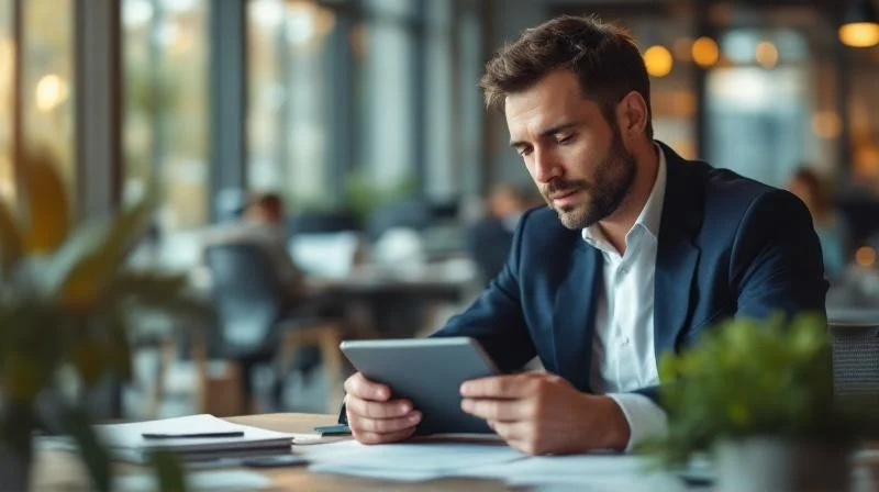 Mann im Anzug liest Stellenangebote auf dem Tablet in einem modernen Büro in Augsburg