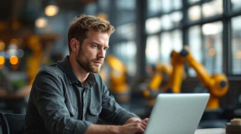 Augsburger Angestellter im Industrie-Coworking-Space nahe KUKA-Werk mit Laptop und Robotik-Atmosphäre