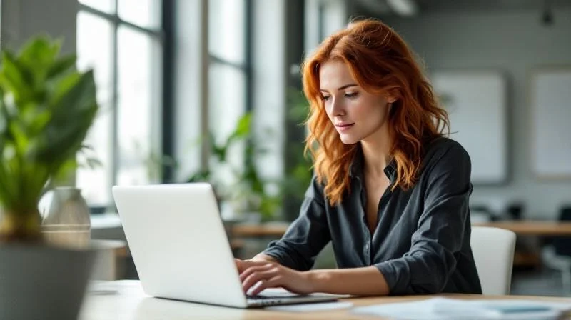 Frau arbeitet am Laptop in einem modernen Augsburger Buero mit Industrieblick