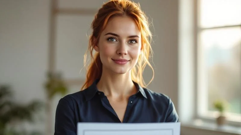 Frau feiert ihren IHK-Abschluss in einem hellen Buero in Augsburg