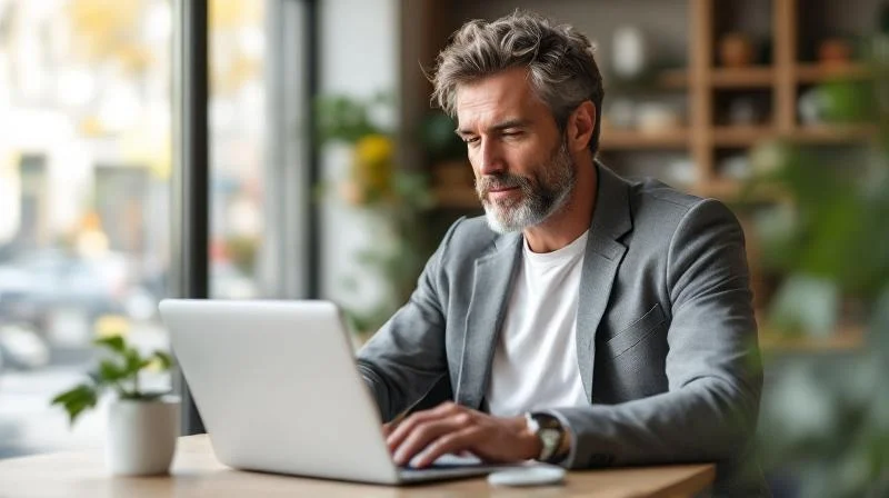 Quereinsteiger arbeitet an Laptop in einem hellen Augsburger Stadtteil-Café