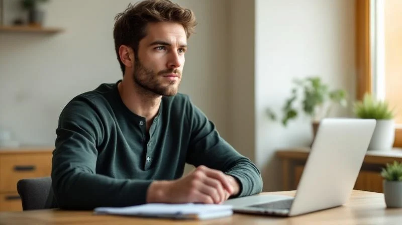 Mann sitzt an einem Schreibtisch in Augsburg und plant seine berufliche Zukunft