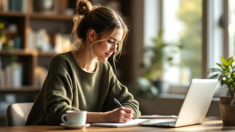 Frau lernt konzentriert am Laptop in einem hellen Wohnzimmer in Augsburg