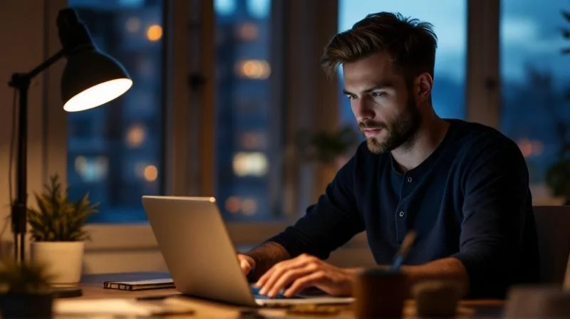 Mann arbeitet abends am Laptop an seinem Schreibtisch mit Blick auf Augsburg